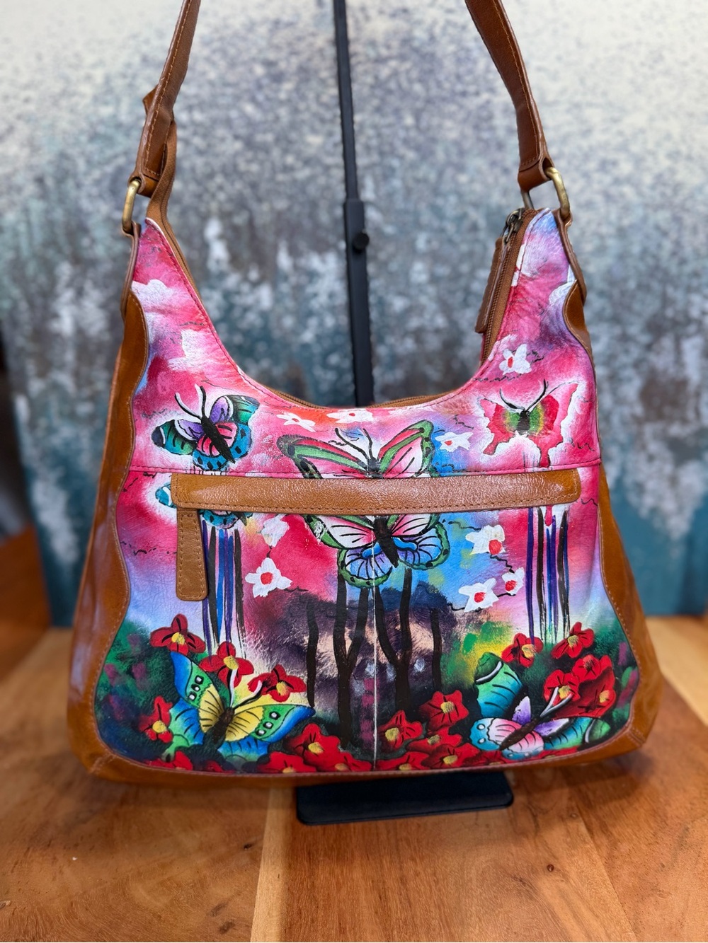 Sharif 1827 Rare Artistic Expressions Hand-Painted Butterfly Leather Bag VGUC - Picture 6 of 13